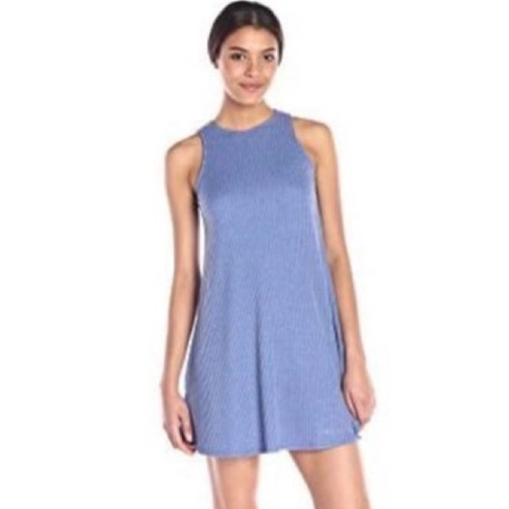Olive + Oak Blue Ribbed High Neck Sleeveless Mini Swing Dress